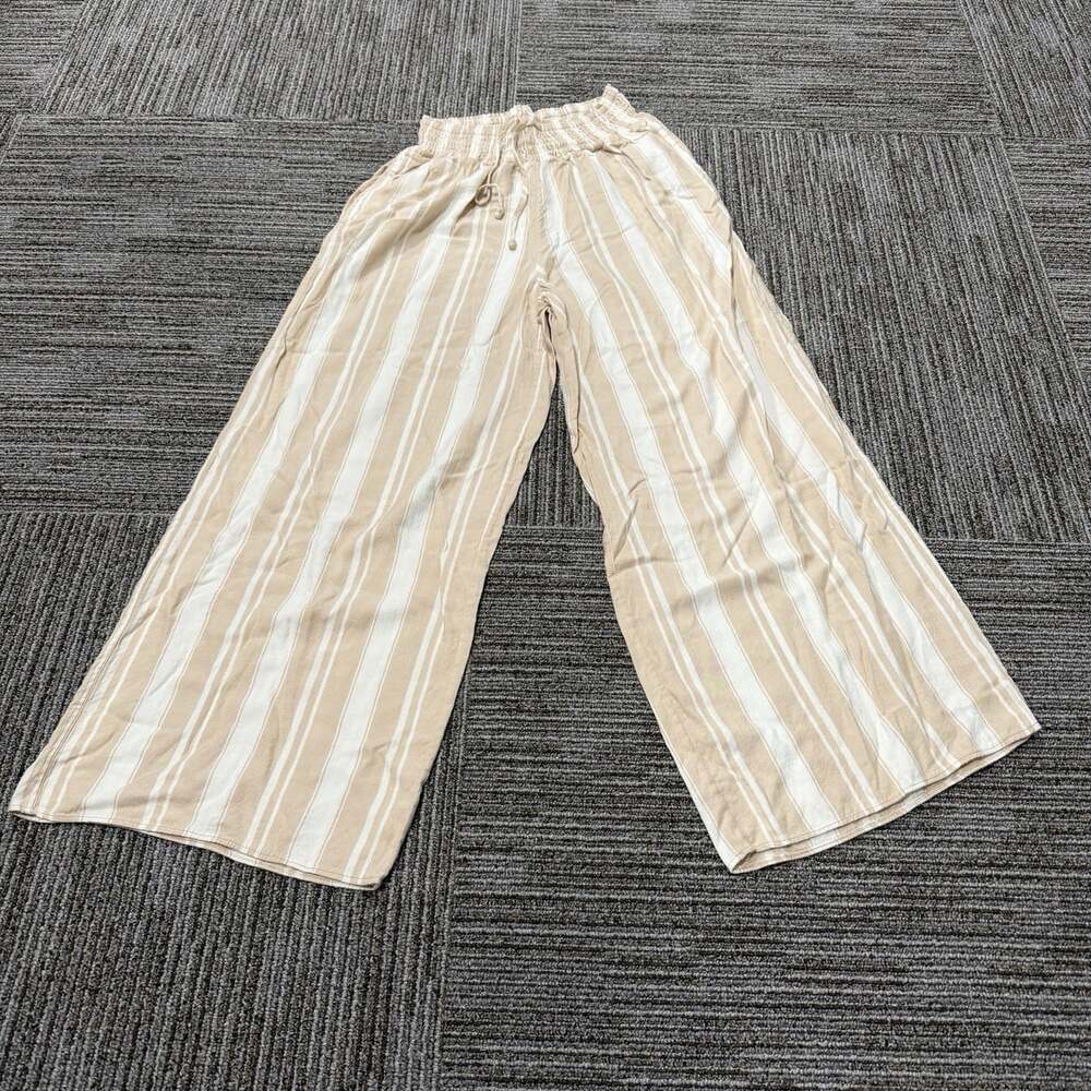 Brochu Walker Pants Womens Small Beige Stripe Wide Leg Cotton Blend Casual